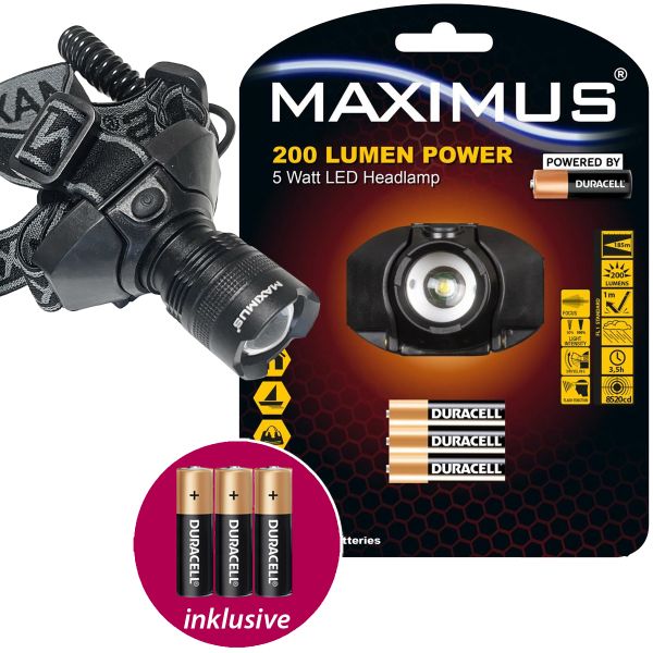 LED-Kopflampe 5W Maximus, 200lm inkl. Batterien
