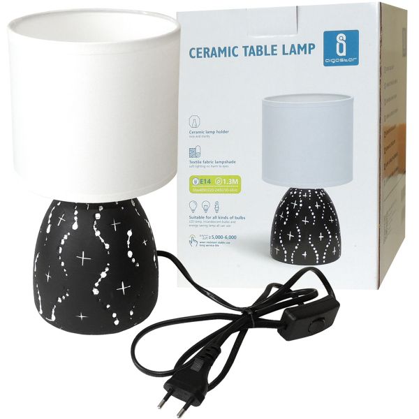 Tischlampe Keramik Dekor mit weißem Lampenschirm, E14, 230V