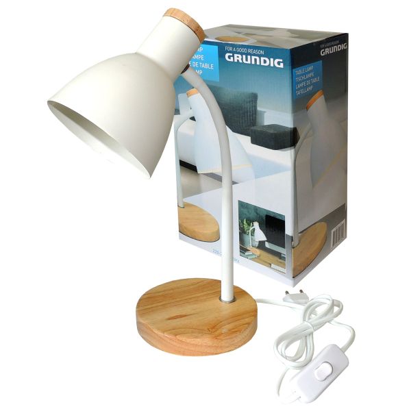 Schreibtisch Lampe weiß mit Holz-Fuß, Grundig für E14 LED