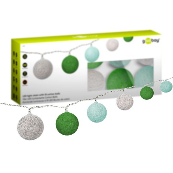 10er LED Lichterkette Cotton Balls, Grün, Mint, Weiß - Batteriebetrieb